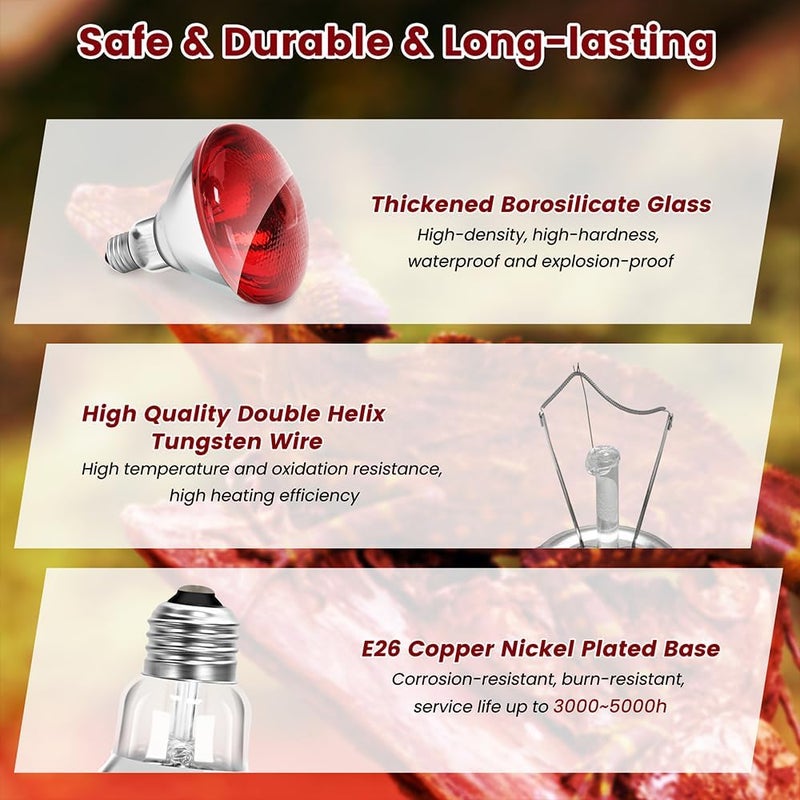 DATOO Infrared Heat Lamp Bulb for Chickens Red Heat Lamp Flood Light Heat Lamp Bulb 150 W Heating Bulbs for Brooder Coops Pets Chicks Reptiles Food Service (2 Pack) - Image 5